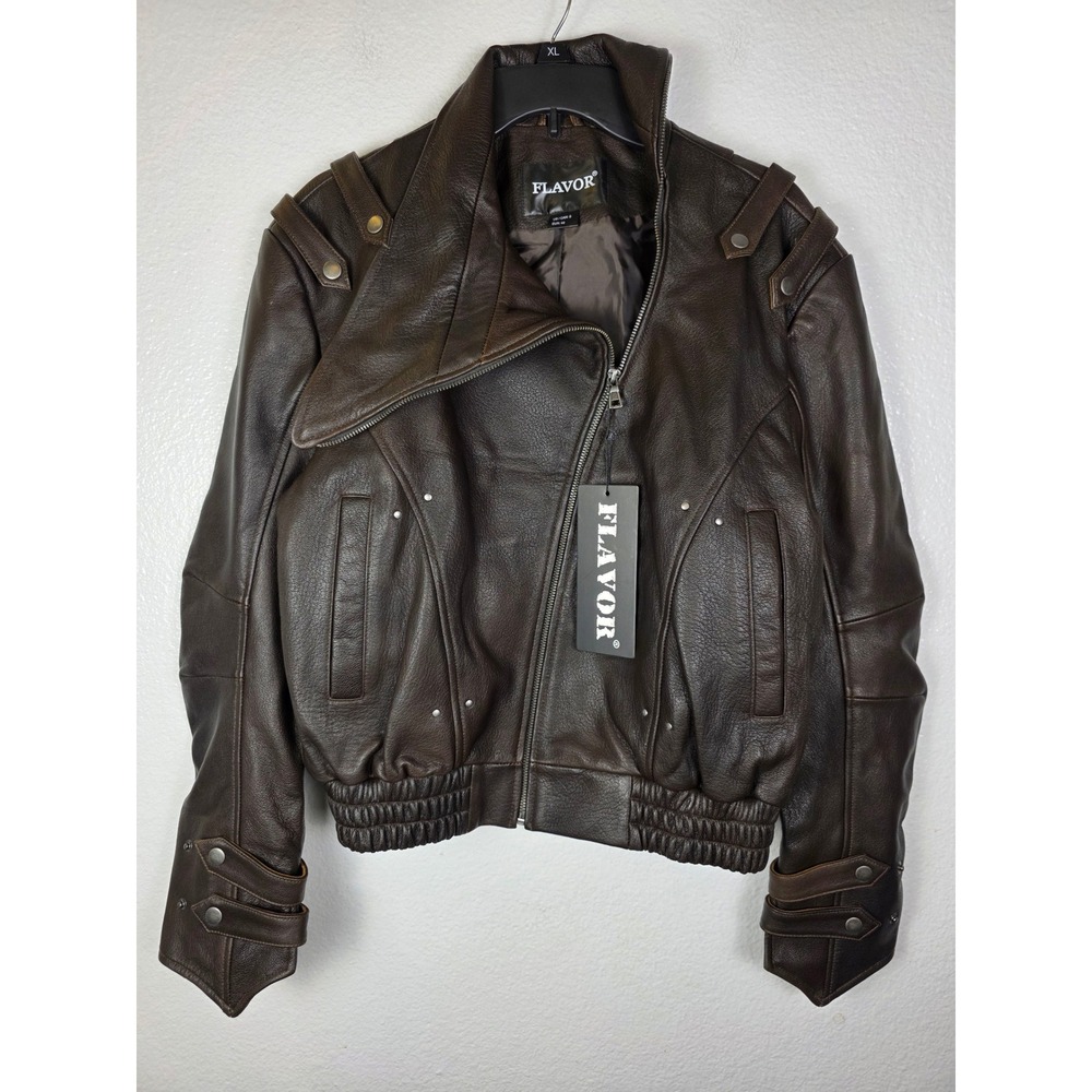 Flavor Mens Dark Brown Lambskin Leather Jacket Bomber Asymmetrical MXGX25-3 S